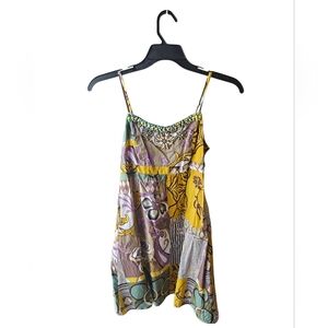 CAbi Women's Beaded Empire Waist Printed Mini Dress Size 8 Patchwork Boho